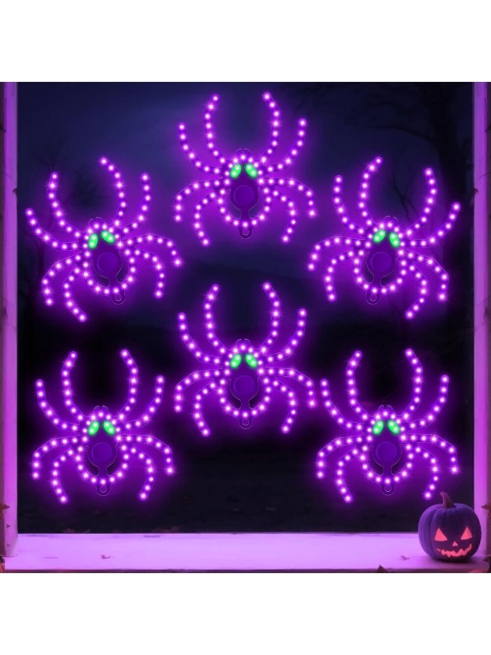 6 Pack 9" Twinkling LED Spider Window Silhouettes, Purple & Green Lights